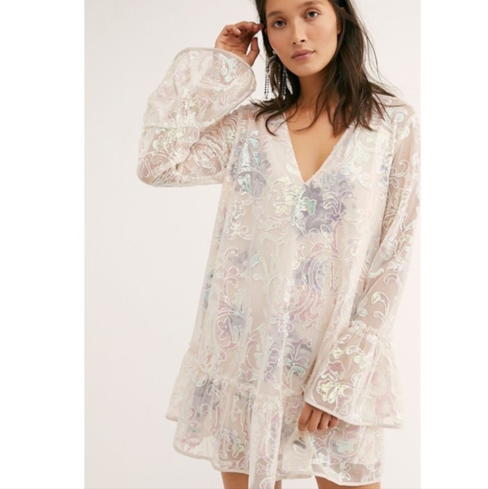 Free People Falling Flowers Frock Mini Dress - Ivory - XS